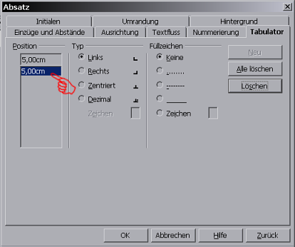 Tabulator Optionenmen&uuml;